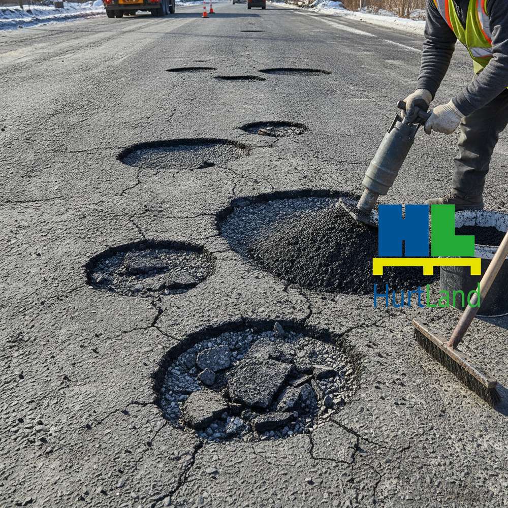 Ubytki w asfalcie po zimie — naprawa emulsją asfaltową na zimno