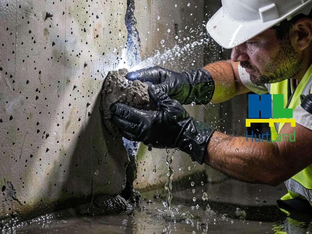 Fontanna wody z pęknięcia w ścianie - LEAKMASTER®, zatrzymaj