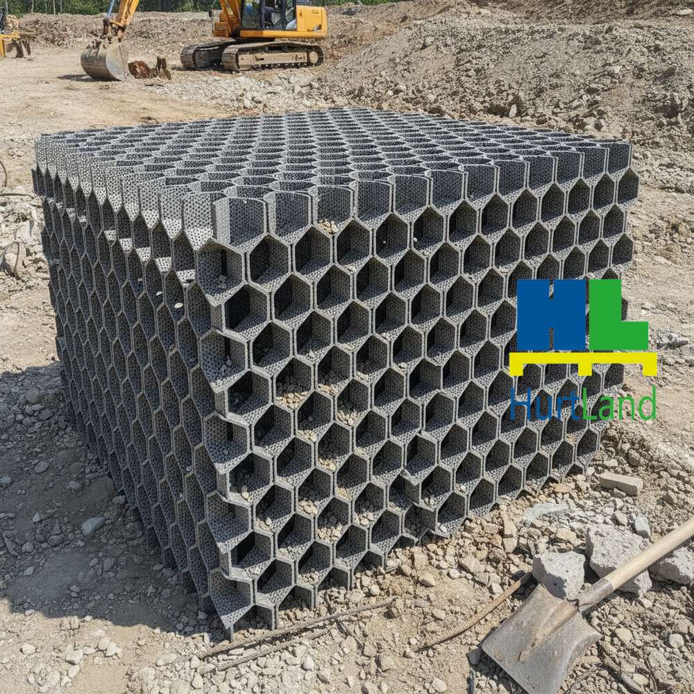 Rozciągnięta geosiatka komórkowa HDPE o strukturze plastra miodu przygotowana do wypełnienia kruszywem.