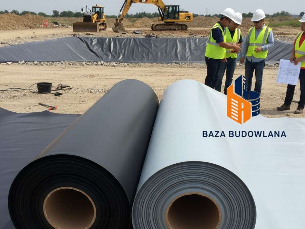 Montaż trwałej geomembrany EPDM lub PVC jako izolacji w dużym stawie rybnym.