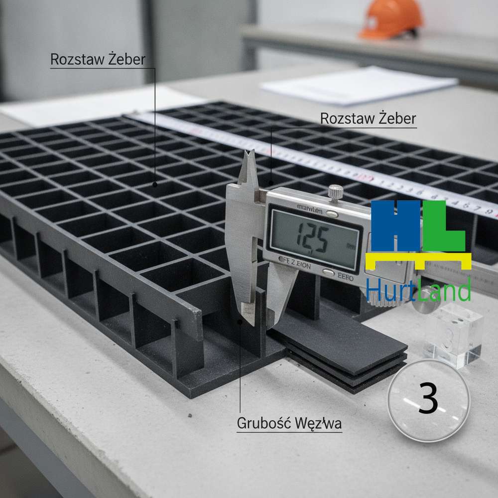 Kluczowe parametry georusztu z karty technicznej: rozstaw żeber, grubość węzła, liczba warstw

