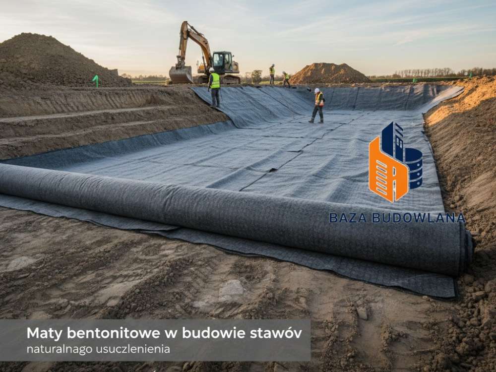 Montaż maty bentonitowej do uszczelnienia dna stawu, zapewniający skuteczną hydroizolację zbiornika wodnego.