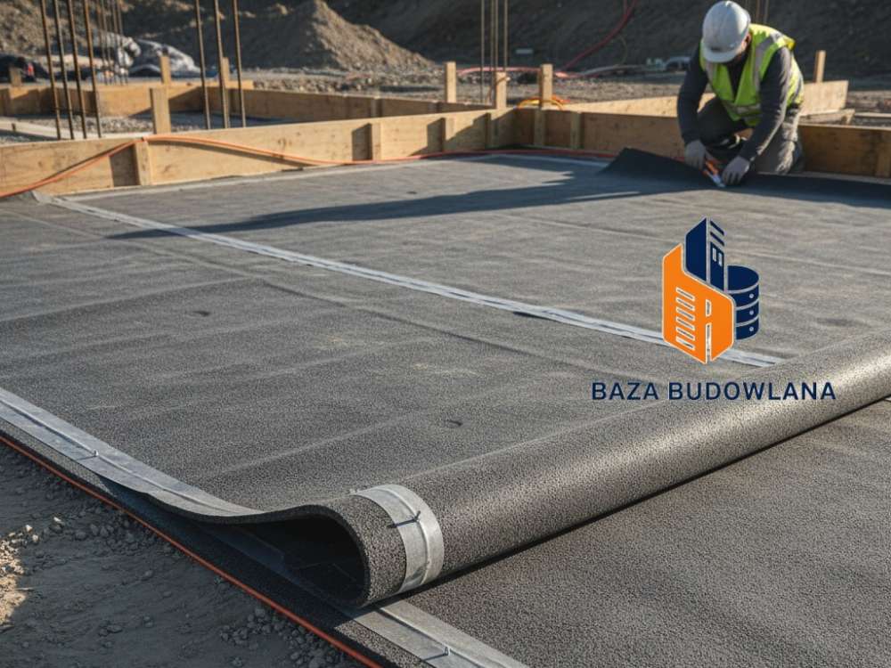 Montaż izolacji poziomej pod płytą fundamentową z wykorzystaniem szczelnej maty bentonitowej.